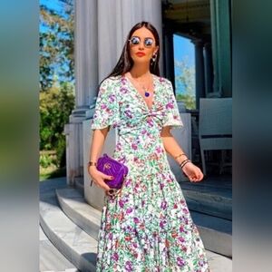 Zara Floral Midi Dress - White and Purple